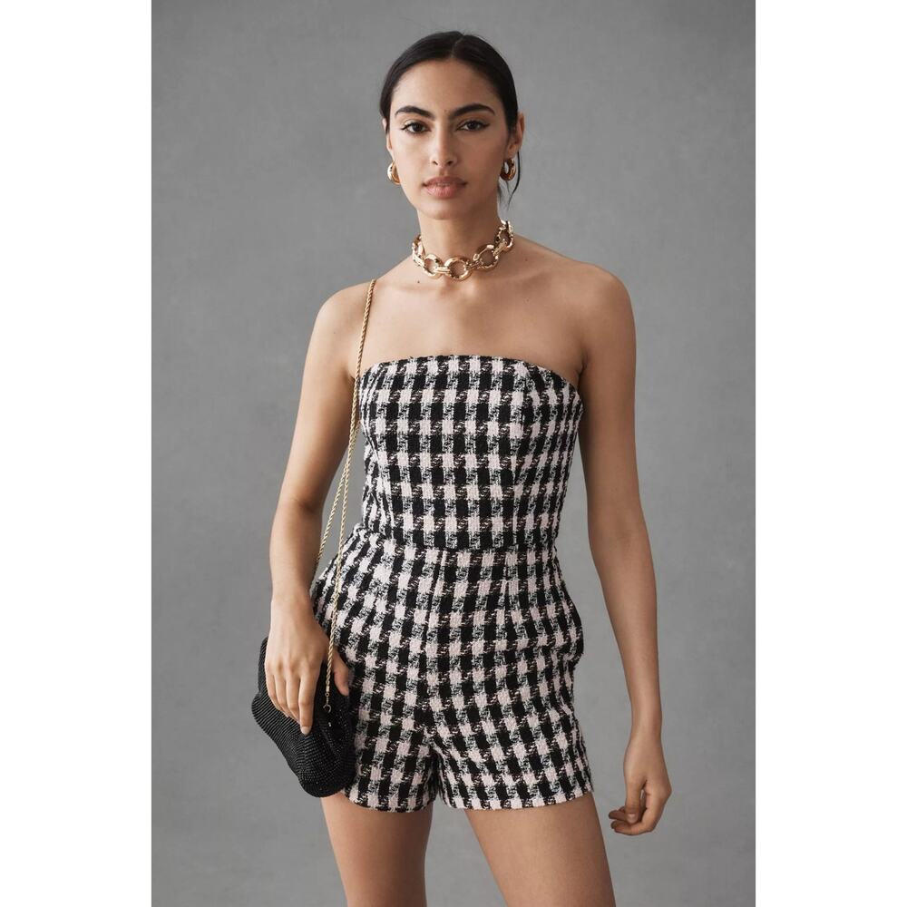 Anthropologie Black and White Houndstooth Strapless Romper